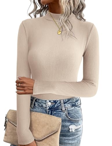 Zeagoo Womens Long Sleeve Tops Elegant Slim Jumpers Turtleneck Plain Sweater Winter Lightweight Shirts Ribbed Sweater Tops Beige XL