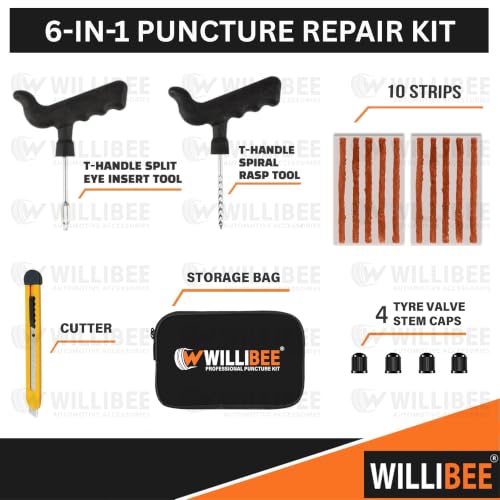 Image of WILLIBEE 6-in-1 (Pack of 10 Strips) Tubeless Tyre Puncture Repair Kit for Bike & Car | Heavy-Duty Puncher Kit (Includes Storage Bag)