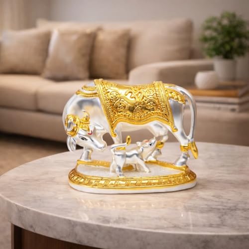 Image of Gold Art India Kamdhenu Cow with Calf Idol Gold Silver Plated with Matte Finish | Home Decor Gaay Bachda Cow |Calf for Vastu | Positive Energy | Wealth Idol Diwali Puja