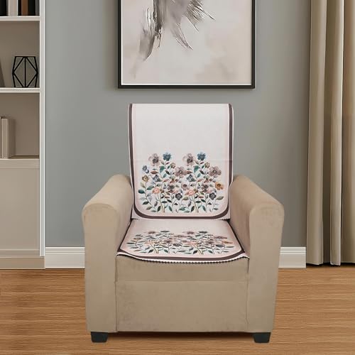 Image of Velvet 3 Seater Sofa Cover with 6 Seat and Back Covers - Floral Design - Washable Fabric - Stylish Sofa Cover for Modern Living Room (Beige, 3 Seater Without Arm Cover)