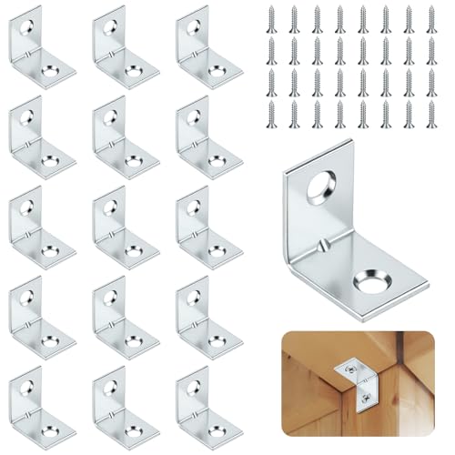 NUTKIT 16 Stück Winkelverbinder, 20x20mm Winkel Metallwinkel 90 Grad, Galvanisch Verzinkt Stuhlwinkel mit Bohrung&32 Schraube, Möbelwinkel mit Korrosionsschutz, Holzverbinder für DIY Möbel Regal