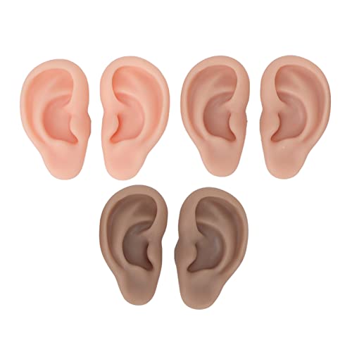 3 Pairs Silicone Ear Model, Soft Flexible Ears 3 Colors Artificial Reusable Novice Simulated 3D Nose and Mouth Model Display Prop Teaching Tool for Piercing Practice