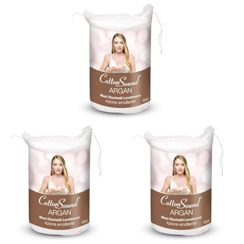 COTTON SOUND ARGAN Maxi Dischetti Struccanti 40 Pezzi, Dischetti 100% Cotone con Microcapsule d'Argan, Azione Emolliente, Lato Liscio e Lato Goffrato, Made in Italy (Confezione da 3)