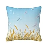 Chintiz Fundas de almohada decorativas de 45 x 45 cm, funda de cojín cuadrada de felpa suave con diseño de libélulas y campo de trigo dorado, funda de cojín cuadrada con cremallera oculta para