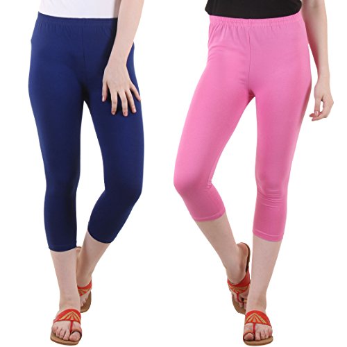 Image of DIAZ Women Cotton Stretchable Capri | Slim /Regular Fit | Breathable Yoga, Gym & Lounge Wear | High-Waist Stretchable 3 /4 Length Leggings with Wide Waistband - Pack of 2