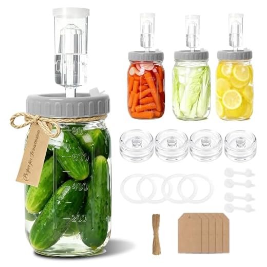 4-Pack Mason Jar Fermentation Kit(Jars Included) Four 32oz Fermentation Jars with Plastic Fermenting Lids, Airlocks, Silicone Rings & Grommets, and Glass Weights for Easy Fermenting & Storage