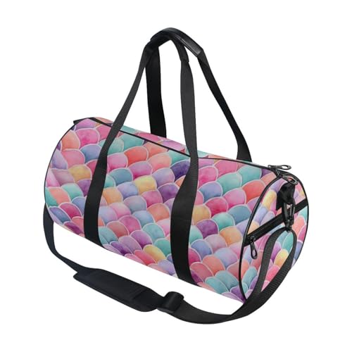 Colorful Fish Scales Sports Duffel Bag Full Print Barrel Gym Bag with Side Zipper Pocket and Inner Compartment, Durable Lightweight Fabric for Sports, Training, Travel and Outdoor Use