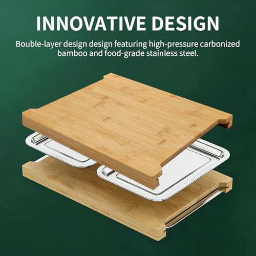 Tabla de cortar rectangular grande de bambú con bandejas de acero miniatura 6