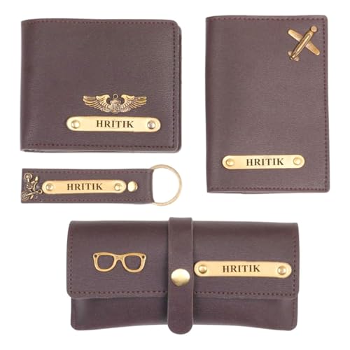 Image of Personalized Name & Charm Leather Wallet Mens Combo | Customized Birthday Farewell Retirement Combo Corporate Office Gift Set for Men Staff Employees Clients Colleagues Friend (Brown)