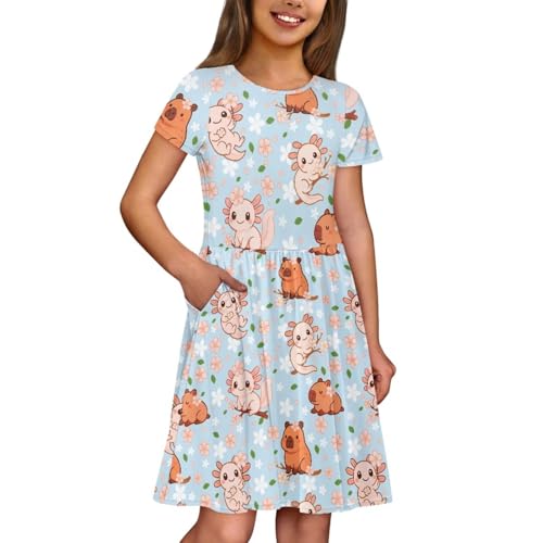 Image of Girls Dress with Pockets Basic Short Sleeve High Waist Swing Skater Dress School Party Dress for Kids