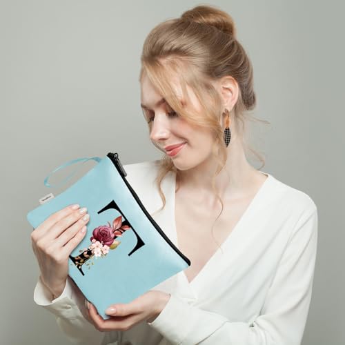 Image of Vavabox A-Z Personalized Makeup Bag, Birthday Gifts for Women Mom, Gifts for Best Friend, Bride Bridesmaid Cosmetic bag (T, Aqua)