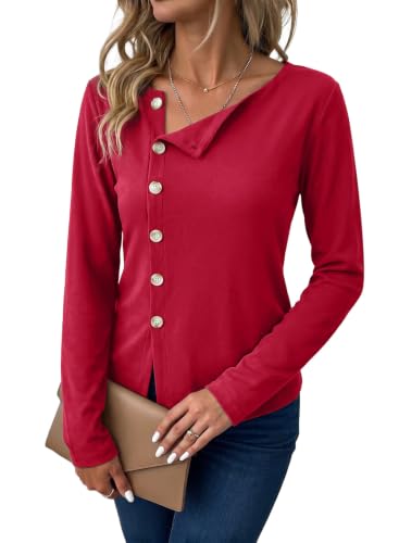 Dokotoo Women's Long Sleeve Tops Fall Button Blouses,Red Dahlia,XX-Large — view 3
