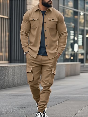 Men's Fleece Cargo Jacket Tracksuit Set 2 Pieces Solid Color Long Sleeve Button up Jacket and Cargo Pants Set - Image 6