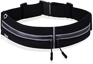 fozme Running Belt Waist Pack with Adjustable Strap and 2 Independent Large Pockets - Water Resistant, Lightweight and Perfect for Workout (Black)