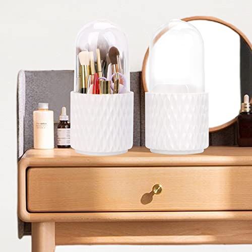 Yoseng Makeup Brush Holder Organizer With Lid,9 * 4.5" Makeup Brush Case,360 Rotating Modern Ins Style Large Dustproof Makeup Brushes Organizer Cups For Vanity (Water Ripple- White) #TOP5
