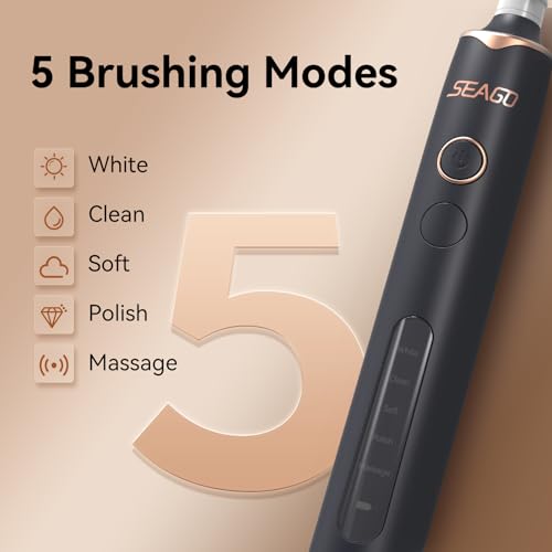 Seago Rotating Electric Toothbrush for Adults with 8 Brush Heads, Electric Toothbrush with 5 Teeth Whitening Modes and 2 Buttons, 2 Types Round Heads, Once Charge Lasts for 30 Days, SG-2603(Black) - Image 5