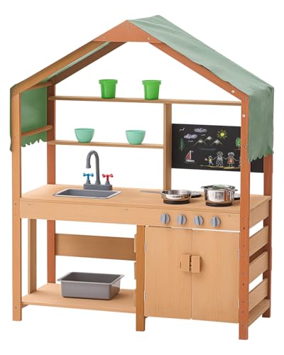 VEVOR Mud Kitchen with Canopy, Fir Wood Play Kitchen for Toddlers with Accessories, Mud Kitchen for Kids Outdoor Backyard with Stoves, Planter Boxes, 2 Sink, Faucet, Blackboard, Cookware Pot