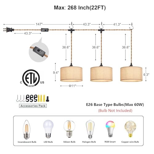 Image of 3 Light Plug in Pendant Lights Fabric Hanging Lamp Kit with Switch 22 Ft Long Hemp Rope Farmhouse Pndant Light Cord Lighting Fixture DIY Hanging Light