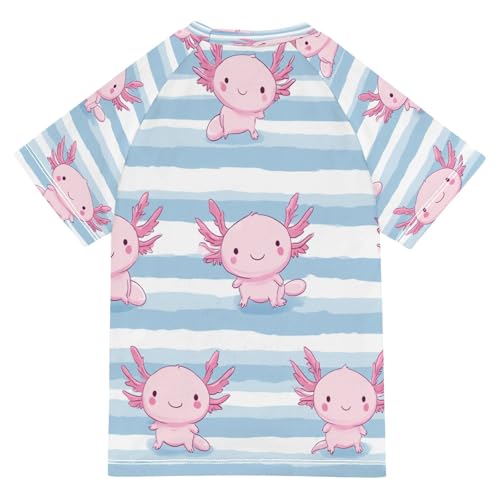 Boys Short Sleeve T-Shirts Blue Axolotl Stripe Rashguard Kids Swim Shirts Sun UPF 50+2