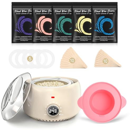 TIKESI Waxing Kit for Women and Men, Digital Wax Warmer with 14OZ 5 Bags Hard Wax Beads, at Home Wax kit for Full Body, Face, Eyebrows, Bikini, Legs, Brazilian &amp; Sensitive Skin