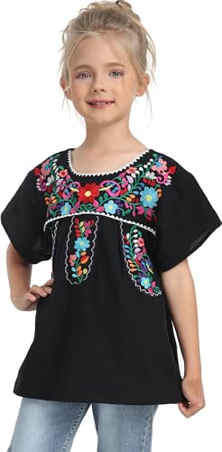 Image of YZXDORWJ Mexican Blouse for Girls Traditional Embroidered Summer Short Sleeve Peasant Blouse for Kids