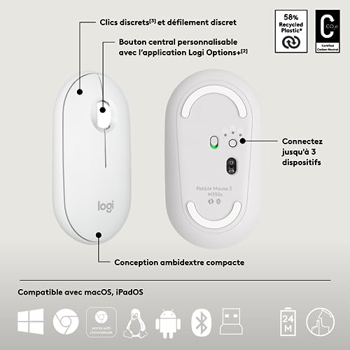 Logitech Pebble Keys 2 K380s Clavier sans Fil Bluetooth FR AZERTY Pebble Mouse 2 M350s Wireless Bluetooth - vue 7