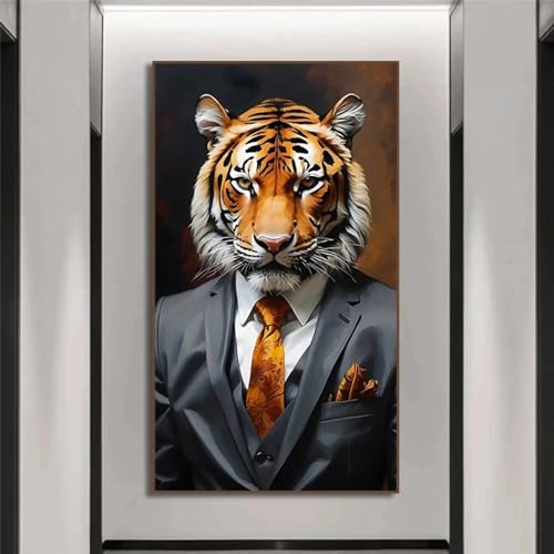Portrait de tigre en costume, peinture sur toile grand format pour habiller un mur vide