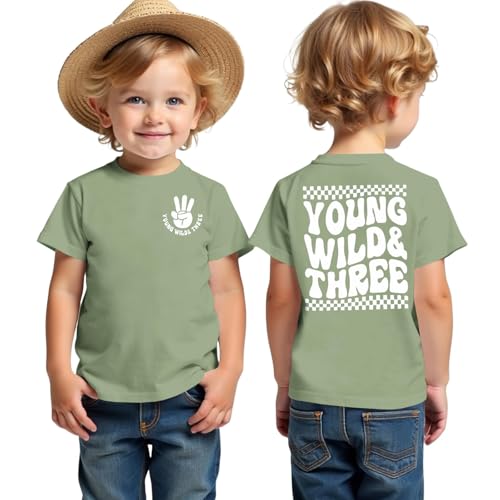 3. Geburtstag Junge T-Shirt Young WILD&Three Drucken Shirt Dritten Geburtstags Shirts für Jungen Kinder Geburtstagsshirt Sommer Kurzarm Tops Baumwolle Kindershirt(Grün,3 Jahre)