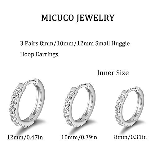 Micuco 3 Pairs Small Hoop Earrings Tiny Cartilage Earrings Cubic Zirconia Cuff Earrings White Gold Huggie Hoop Ear Piercing Earrings For Women Silver 8Mm 10Mm 12Mm #TOP1