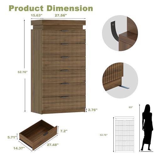 Image of Tall 6 Drawer Dresser with LED Lights and Charging Station, 53 inch Tall Wood Fluted Dresser for Bedroom, Walnut Modern Chest of Drawers for Closet Organizer Cabinet for Living Room, Hallway