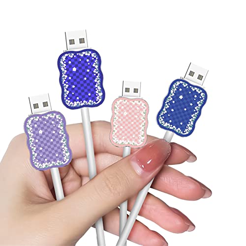 Image of Cute Flower Phone Charger Cable Protector for Samsung Android USB Charger Wave Shape,Colorful Checkered Pattern 4 PCS USB Cable Protectors,Phone Cord Protector for Women Girls,USB Charger Saver