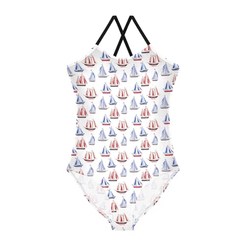 senya Girls Swimsuits One-Piece Swimwear Tie Bathing Suit Beach Summer Round Neck 7-8T Red Blue Sailboat Pattern