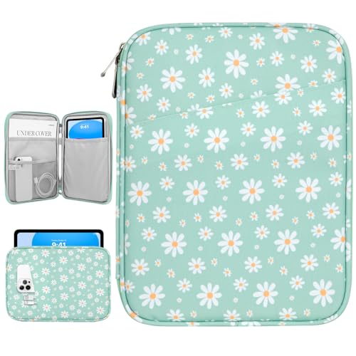 Image of Dadanism 9-11 Inch Tablet Sleeve Bag Carrying Case for iPad (A16) 11th Gen 11 inch, iPad 10th Gen 10.9 inch Air 5 /4, iPad Air M4 /Pro M5 11 inch, iPad 9 /8 /7th Gen 10.2 inch, Galaxy Tab A11+ Plus 11 inch,Green&White Daisy