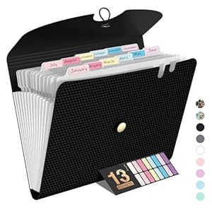 Sooez Expanding File Folder, 13 Pocket Accordion File Organizer, Monthly Expandable File Folder for Documents with Labels, Portable Bill Receipt Organizer for School Office Supplies, Letter A4 Size