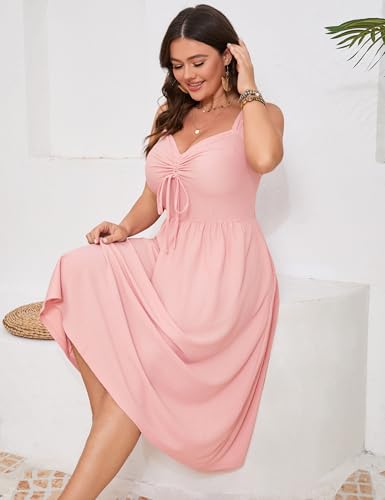 Image of ShopWonder Plus Size Summer Dress for Women Sleeveless Spaghetti Strap V Neck Tie Front A Line Casual Beach Midi Dress