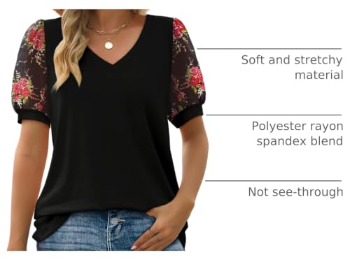 Image of Aokosor Womens Summer Tops V Neck T Shirts Swiss Dot Puff Sleeve Tops Loose Casual Tshirts