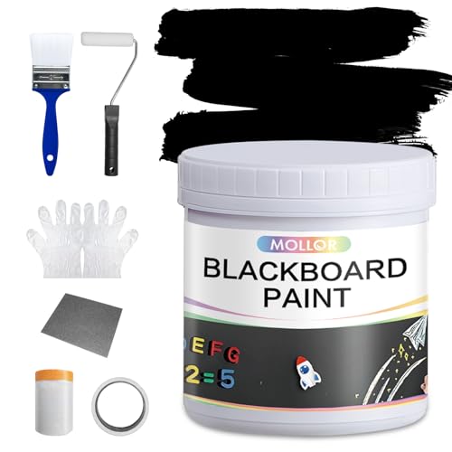 Mollor Chalkboard Paint Black Chalk Board Paint for Wall, Wood, Metal, Glass, Plaster Boards Sign, Frame or Any Surface, Use with Chalk Pen Wet Erase, Non-Toxic, Quick-Dry - 500g, 16Oz Cover 65 sf