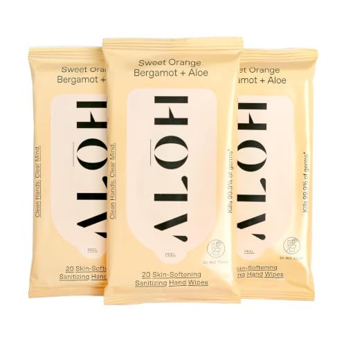 Image of ALŌH Sweet Orange Bergamot + Aloe Hand Sanitizer Wipes, Travel Size | Clean Hands, Clear Mind, On The Go for Kids and Adults | Alcohol Free, Moisturizing, Scented | 3 Pack 20ct Wipes (60 wipes)