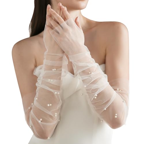 White Short Lace Gloves - Sheer Mesh Floral Lace Tulle Wedding & Tea Party Gloves for Women2