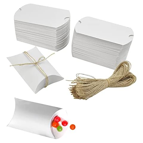 XAVSWRDE 100 PCS White Pillow Boxes for Gifts, Small Candy Gift Boxes Box Kraft Paper Treat Boxes Sweet Pillow Wedding Favour Boxes with 100 Hemp Ropes for Wedding Party Chocolates Sugars Biscuits Cover