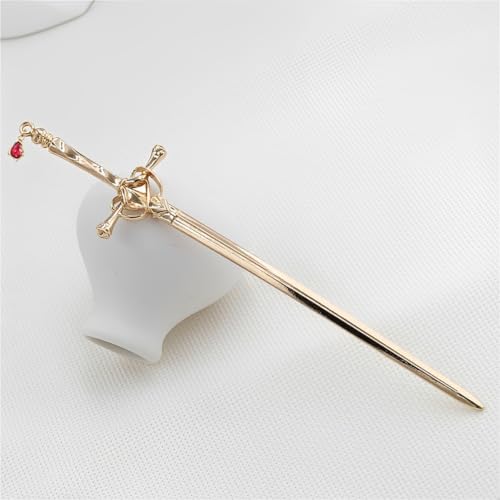 Image of Hair Stick for Bun, Chinese Hair Pin for Elegant Hairstyles, Sword Hair Pin for Weddings and Parties, 2PCS Set with Red Crystals in Golden and Silvery Finish