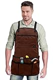Under NY Sky Tool Apron - 20 Pockets and Slots, Cross-Back, Heavy-Duty Waxed Canvas - Woodwork, Garden, Shop (Brown Cross-Back)