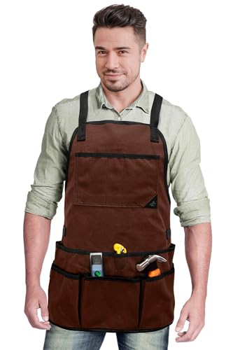 Under NY Sky Tool Apron - 20 Pockets and Slots, Cross-Back, Heavy-Duty Waxed Canvas - Woodwork, Garden, Shop (Brown Cross-Back)