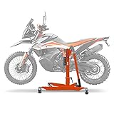 Technische Daten: Maße ConStands Zentralständer 78cm lang, 54cm breit und 75,5cm hoch. Eigengewicht: 22 kg. Max. Tragkraft: 300 kg. Die max. Bodenfreiheit der Räder liegt im Bereich von 5-15cm, abhängig vom Modell. Klappbar für Transport und zum Verstauen