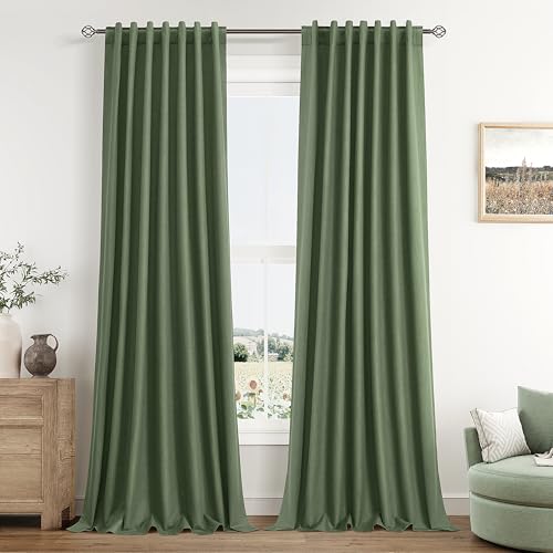 Guken 100% Blackout Olive Green Linen Curtains 90 Inch Long 2 Panels