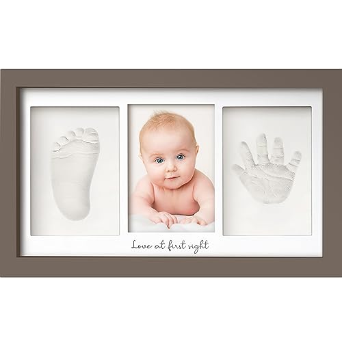 Image of Baby Hand and Footprint Kit - Clay Handprint Keepsake Frame, Newborn Nursery Picture Frame, Personalized New Mom Gifts for Baby Shower & Registry (Taupe)