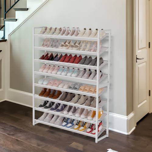 Image of Large Shoe Rack 8 Tier Shoe Organizer, Heavy Duty Metal 4-Tier Stackable Shoe Storage Vertical Shoe Rack for Closet Front Door Entrance, Up to 50 Pairs, 44.8 inch W x 11.4 inch D x 56.7 inch H, White