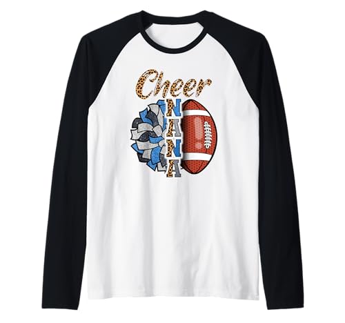Football Cheer Nana Grandma Blue White Pom Pom Leopard Raglan Baseball Tee