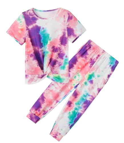 Image of Girls Clothing Sets Tie Dye Twist Front Tops & Sweatpants Outfits Sportwear Sweatsuits Tracksuits Purple 5-6 Years