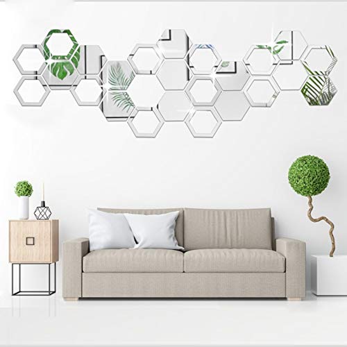 Hexagon Mirror Wall Sticker,24 Pieces Removable DIY Acrylic Bedroom Decor Art Decorative Decals for Cool Home Living Room Aesthetic Mirrors Tiles(4.9x4.2x2.4 Inches)